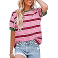 Dokotoo Womens Summer Tops 2025 Striped Color Block Short Sleeve T-Shirts Crewneck Casual Loose Basic Tee Blouses