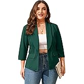 ShopWonder Womens Plus Size Casual Pocketed Blazer Office Open Front 3/4 Sleeve Cardigans Jacket Work Suit