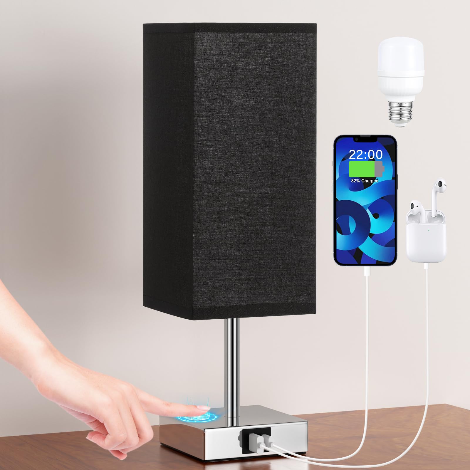 Aooshine Bedside Lamp, Touch Control Table Lamp with USB A+C Charging Ports, Touch Lamps Bedside with 3 Way Dimmable, Table Lamps for Bedroom Living Room with Black Fabric Shade (LED Bulb Included) — image 1