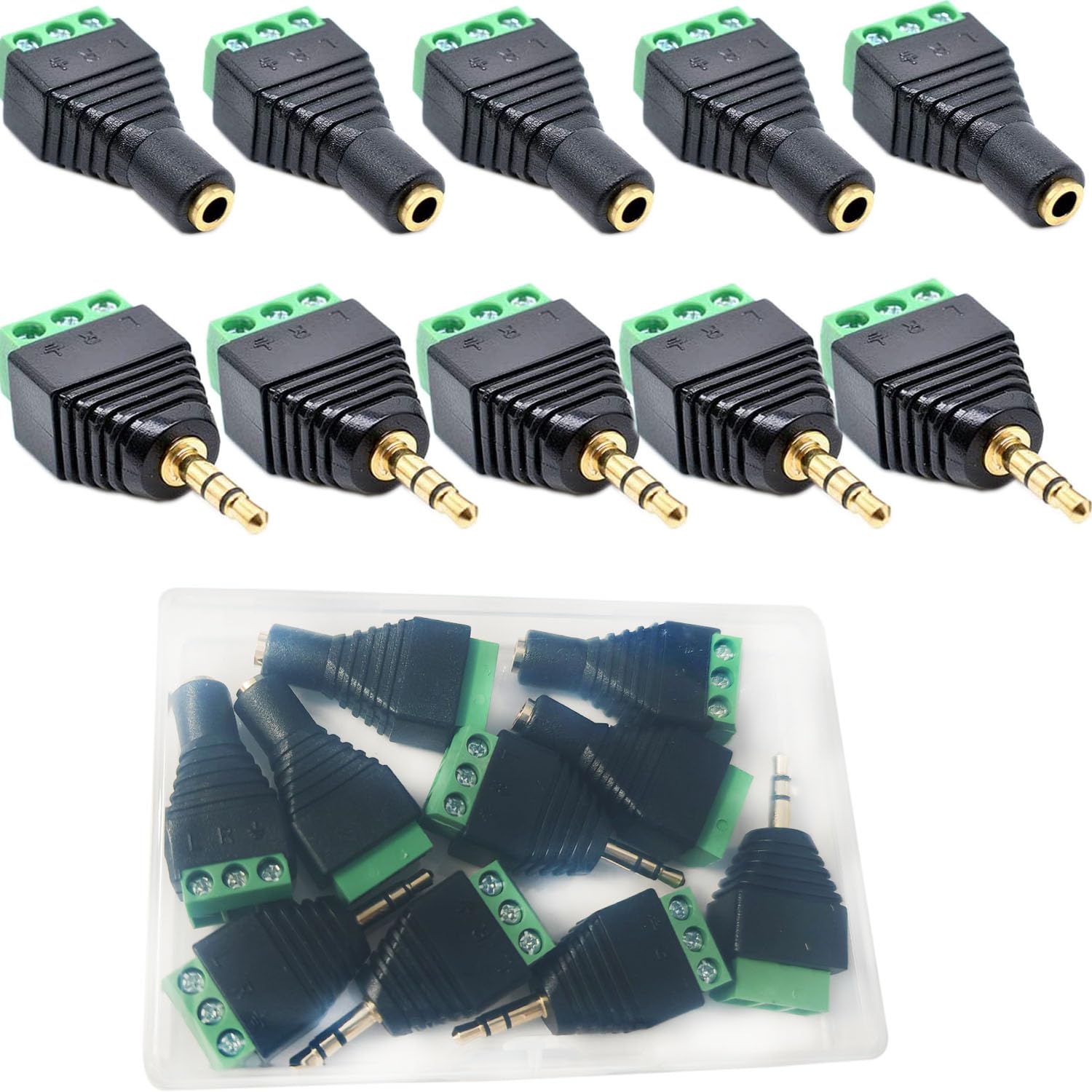 RUNCCI-YUN 10PCS 3 Pole 3.5mm Screw Terminal 3.5mm (1/8) Stereo TRS Audio Male to AV 3Pin Female Screw Terminal Headphone Balun Solderless Converter Adapter(Female/Male)