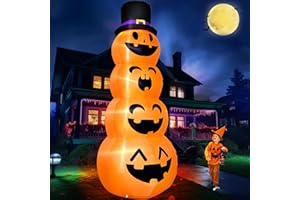 TURNMEON 12 FT Giant Halloween Inflatables Stacked Pumpkins with Witch Hat LED Lights 7 Stakes 4 Tethers 2 Weight Bags Blow Up Halloween Decorations Outdoor Yard Garden Lawn Home