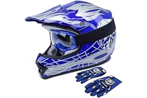 TCT-MOTORPARTS DOT Kids Youth Motocross Helmets ATV Off-Road Dirt Bike Motorcycle Full Face Blue Skull Helmet+Gloves+Goggles Small