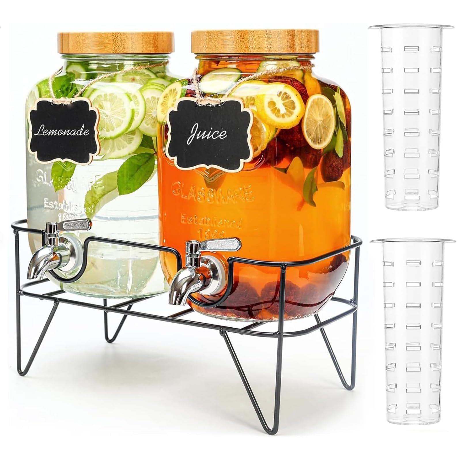 Photo 1 of 2 Pack 1 Gallon Glass Drink Dispenser with Bamboo Lid, Beverage Dispenser with Stand, Drink Machine for Lemonade, Iced Drinks Kombucha Dispenser for Parties, Weddings