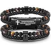 FLHEART Men's Christian Cross Black Leather Bracelet Gifts for Men, Double-Row Braided Leather Cross Bracelet Bible Verse Agate Onyx Beaded Bangle Gifts for Son Grandson Husband Boyfriend Brother
