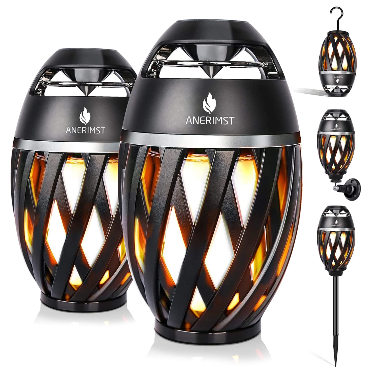 ANERIMST Outdoor Bluetooth Speakers, Waterproof Wireless Speakers with Torch Flame Light, Cool Gadgets for Men Women, LED Lantern for Gardening Camping Patio, 2 Pack (Black)