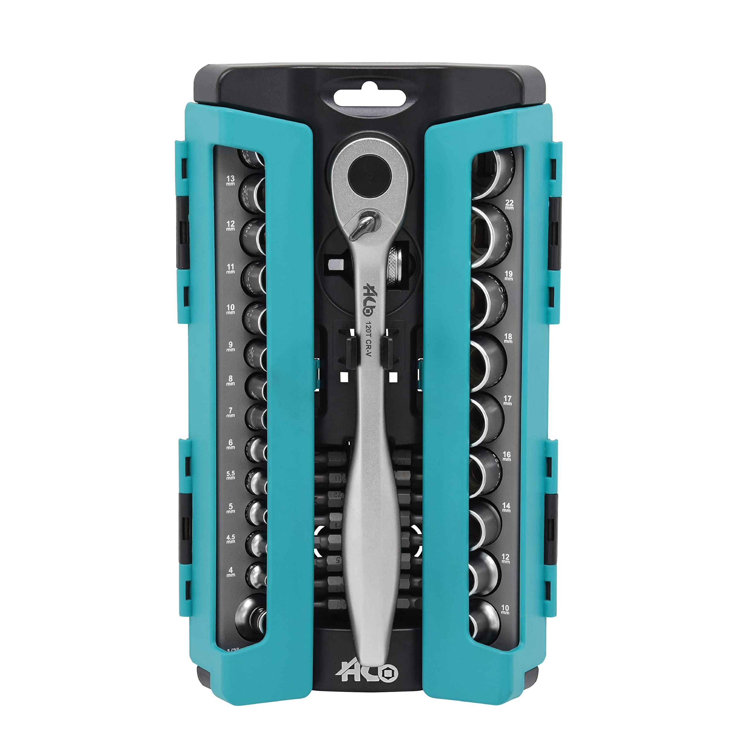 HB 120-Tooth 1/4 & 1/2 Inch Drive Sealed Head Ratchet Handle 41 Piece Socket Set Reversible Quick Release Extension Bar Torx PZ PH SL HEX Bits Chrome Vanadium Steel Made in Taiwan AKM008-G — image 1