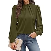 WIHOLL Long Sleeve Shirts for Women Mock Neck Tops Pleated Front Blouses Dressy Casual Spring Fall Clothes 2026 Fashion