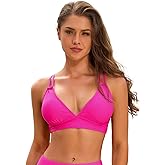 SHEKINI Women's Bikini Top V-Neck Double Strap Pleated Backless Crossover Adjustable Push Up Beachwear Bathing Suit Top