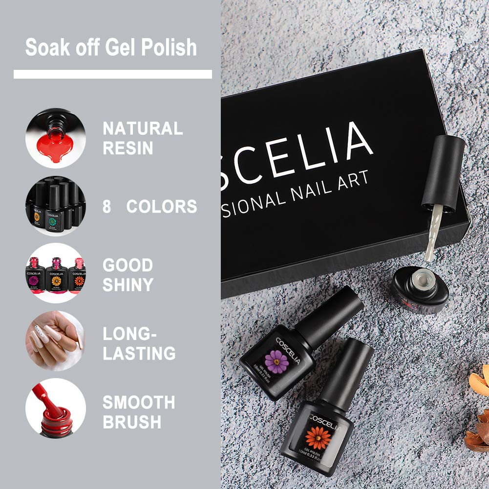 Coscelia Gel Nail Polish Set 8 Colors Fall Gel Nail Polish Glitter Red Green Blue Nude Colors Popular Pastel Fall Collection U V LED Soak Off Gel Polish Nail Art Manicure Kit for Salon Home DIY : Beauty