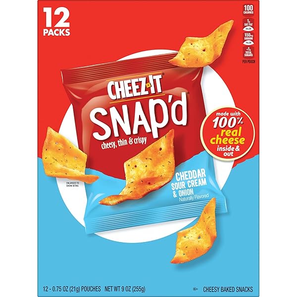CHEEZ-IT SNAP’D CHEESE CRACKER CHIPS, THIN CRISPS, LUNCH SNACKS, CHEDDAR SOUR CREAM AND ONION, 9OZ BOX (12 POUCHES)