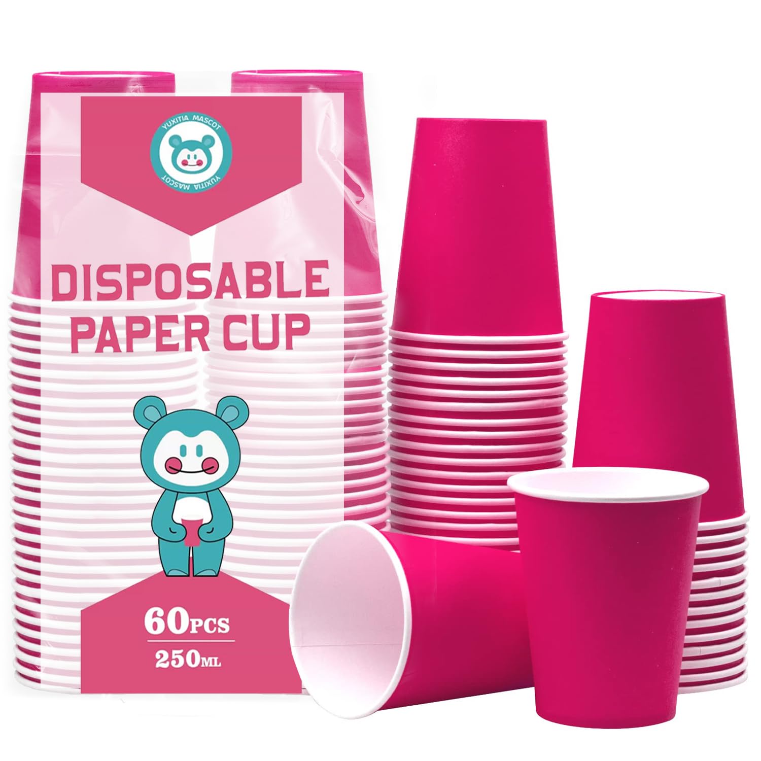 Yuxitia Disposable Paper Cups, 60 Pack Pink Paper Cups for DIY, Wedding, Party, Picnic, BBQ, Travel and Events, 8 Ounce, Hot Pink