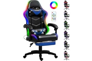 Czlolo Gaming Chair, Racing Style RGB LED Lights Gaming Chairs for Adults and Kids, Lumbar Massager Gamer Chair, High Back Reclining Computer Chair with Footrest and Headrest (Black/Blue)
