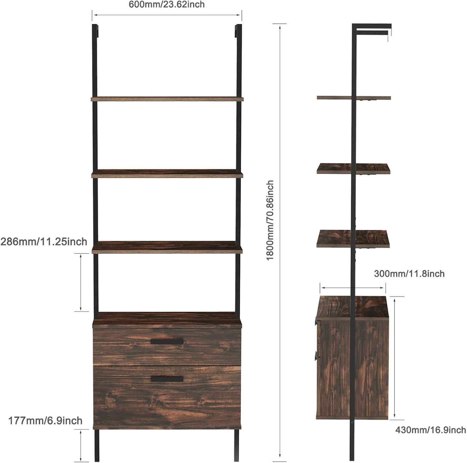 Industrial Ladder Shelf with Drawers, 3 Tier Open Shelf Storage Rack Shelves Ladder Bookshelf Plant Flower Stand Matte Metal Frame for Home, Living Room, Kitchen, Office: Furniture & Decor