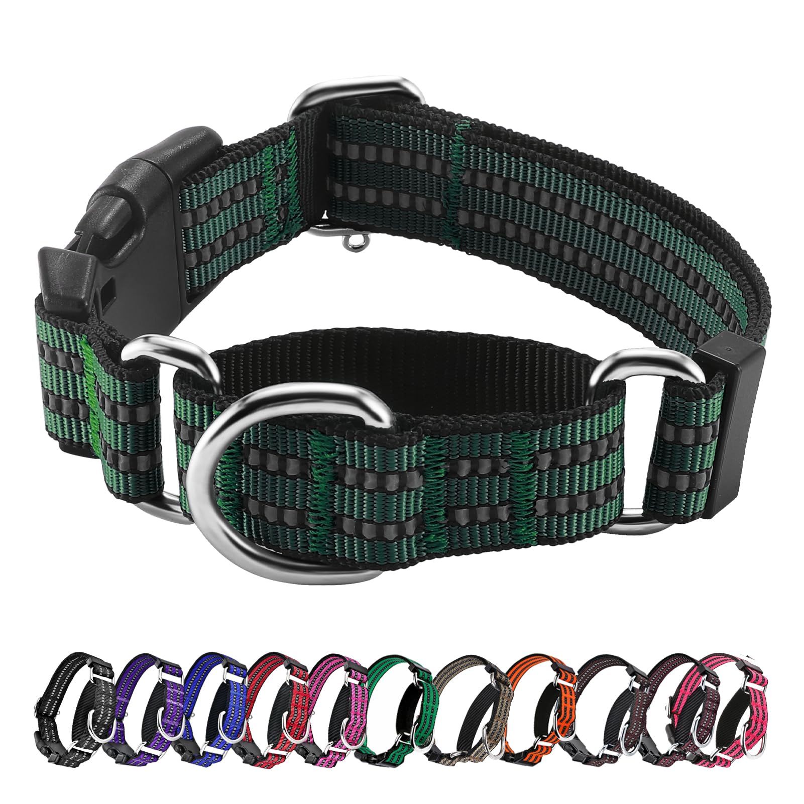 Photo 1 of 1pc Hikiko Martingale Dog Collars Reflective Nylon Dog Collar with Quick Release Buckle Adjustable Training No Slip Dog Collar (Medium, Dark Green)