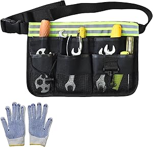 Gardening Tool Waist Bag Belt Gardening Tool Apron Organizer with 8 Pockets Hanging Pouch Tool Belt Attached Garden a Pair of Glove (Black)