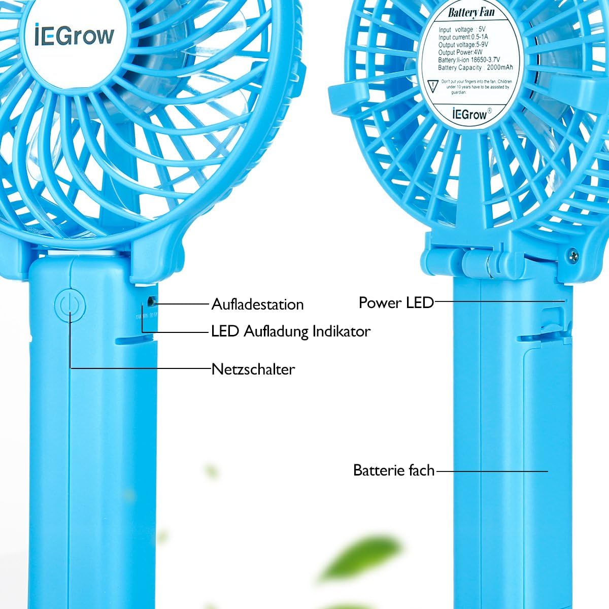 iEGrow Handheld Fan, Portable USB Mini Travel Fan with 2000mAh Rechargeable Battery, 3 Speeds Desk Fan for Home Office and Travel-Blue - Image 5