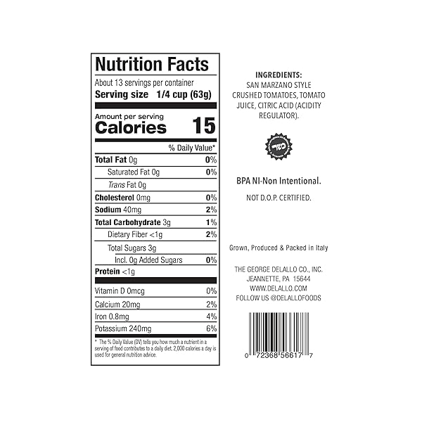 DELALLO IMPORTED SAN MARZANO STYLE CRUSHED TOMATOES, 28 OUNCE CAN, 3 PACK, PRODUCT OF ITALY, NON-GMO