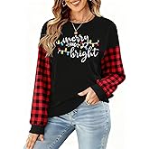 RECUTEWU Christmas Shirts for Women: Merry and Bright T-Shirt Long Sleeve Holiday Xmas Pullover Graphic Tees