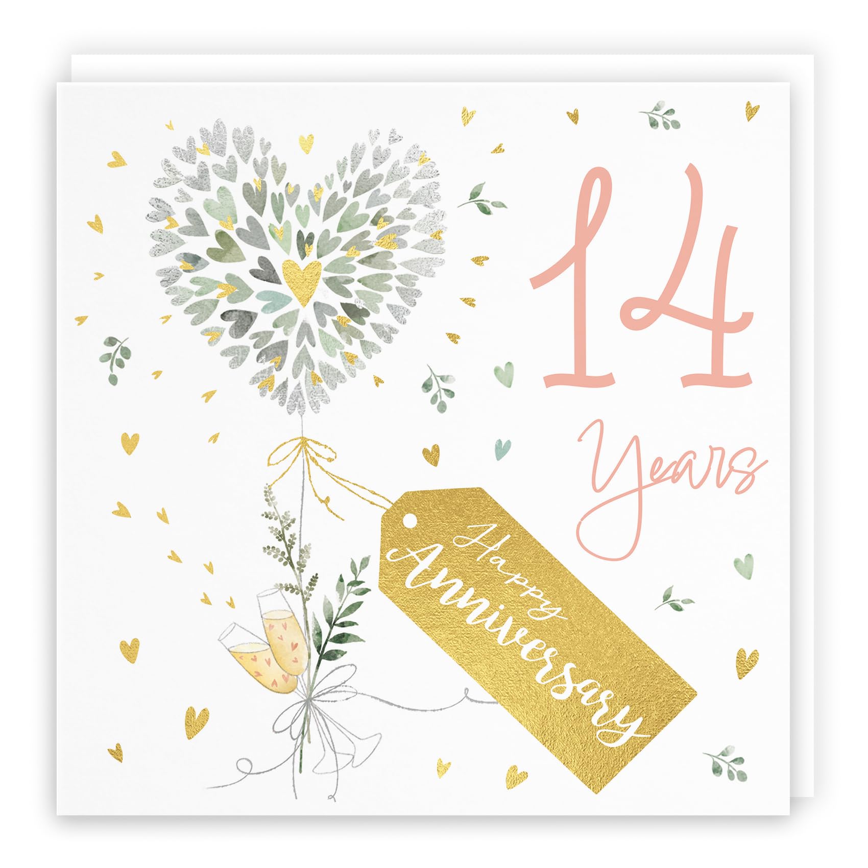 Hunts England - 14th Anniversary Card - 14 Years - Contemporary Hearts - Gold Foil - 14th Wedding Anniversary Card For Couples, Partner, Husband, Wife, etc. - Milo's Gallery