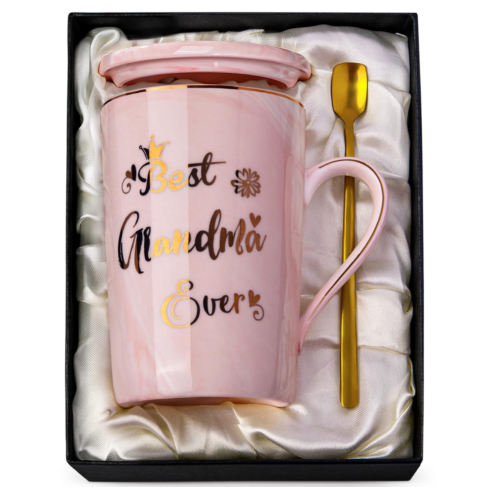 Doublewhale Grandma Gifts, Grandma Christmas Birthday Gifts for Nana, Nan, Granny, Gran Gift, 14OZ Pink Ceramic Coffee Mug Gift from Granddaughter Grandson with Spoon Lid Card, Nice Box