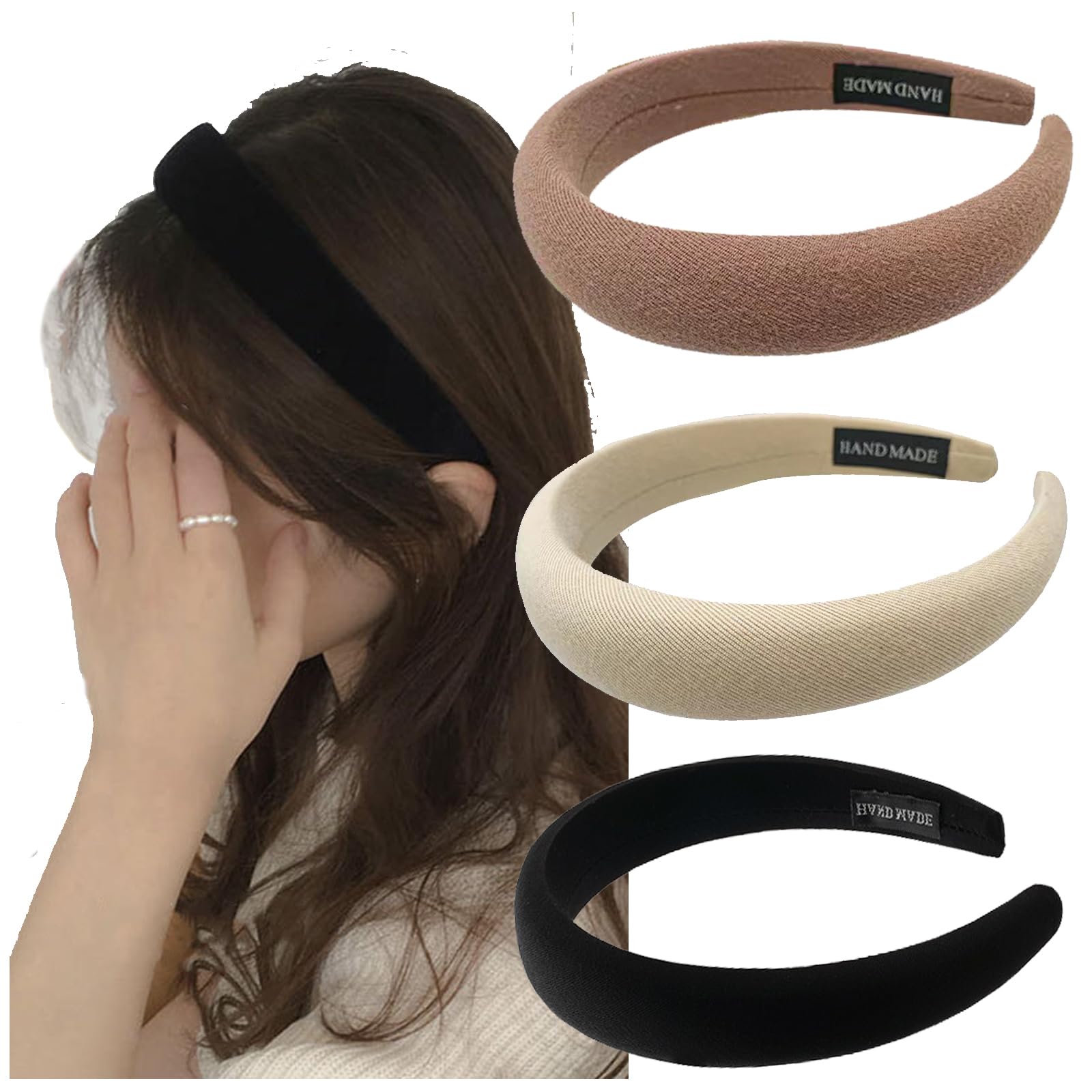 3 Pcs Velvet Wide Headbands for Women Padded Velvet Feel Alice Hair Band Headband Sponge Thick Hairbands Fashion No Slip Headband Hair Accessories (Black Beige Brown)
