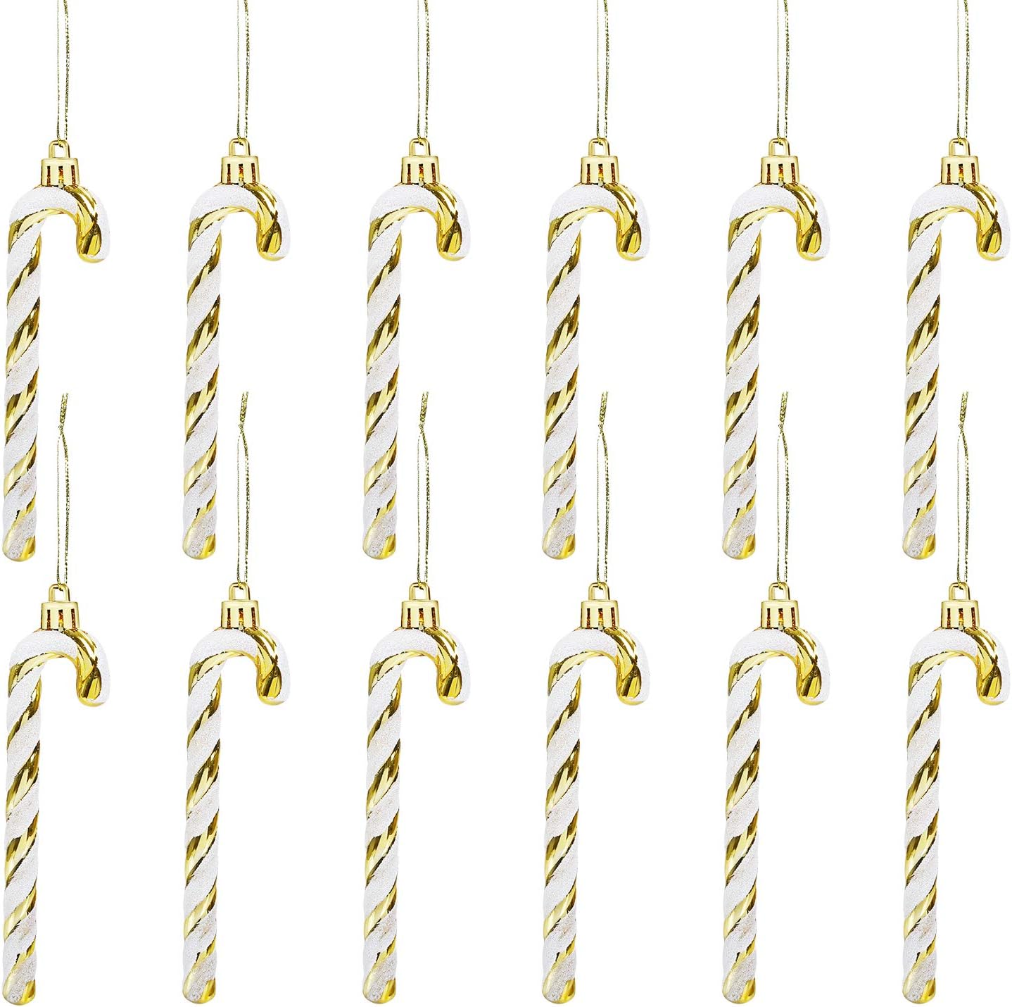 Ornaments - GWHOLE 12 Pack of Glitter Christmas Plastic Candy Cane Christmas Tree Hanging Ornaments for Holiday Party Decoration Favors, Gold
