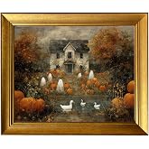 Gold Framed Ghosts Wall Art Vintage Haunted Mansion Halloween Print Painting Fall Decor Autumn Landscape Pumpkin Artwork Rustic Farmhouse Picture Wall Decor