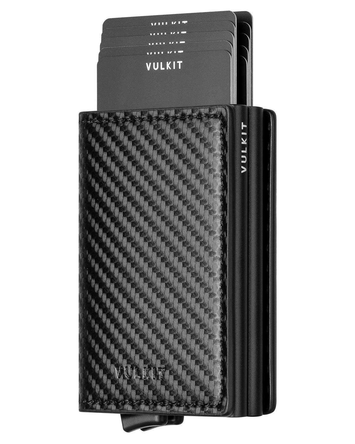 VULKIT Credit Card Holder for Men Leather Card Wallet RFID Blocking Pop Up Metal Bank Card Case with 3 Slots for 10-14 Cards & Notes