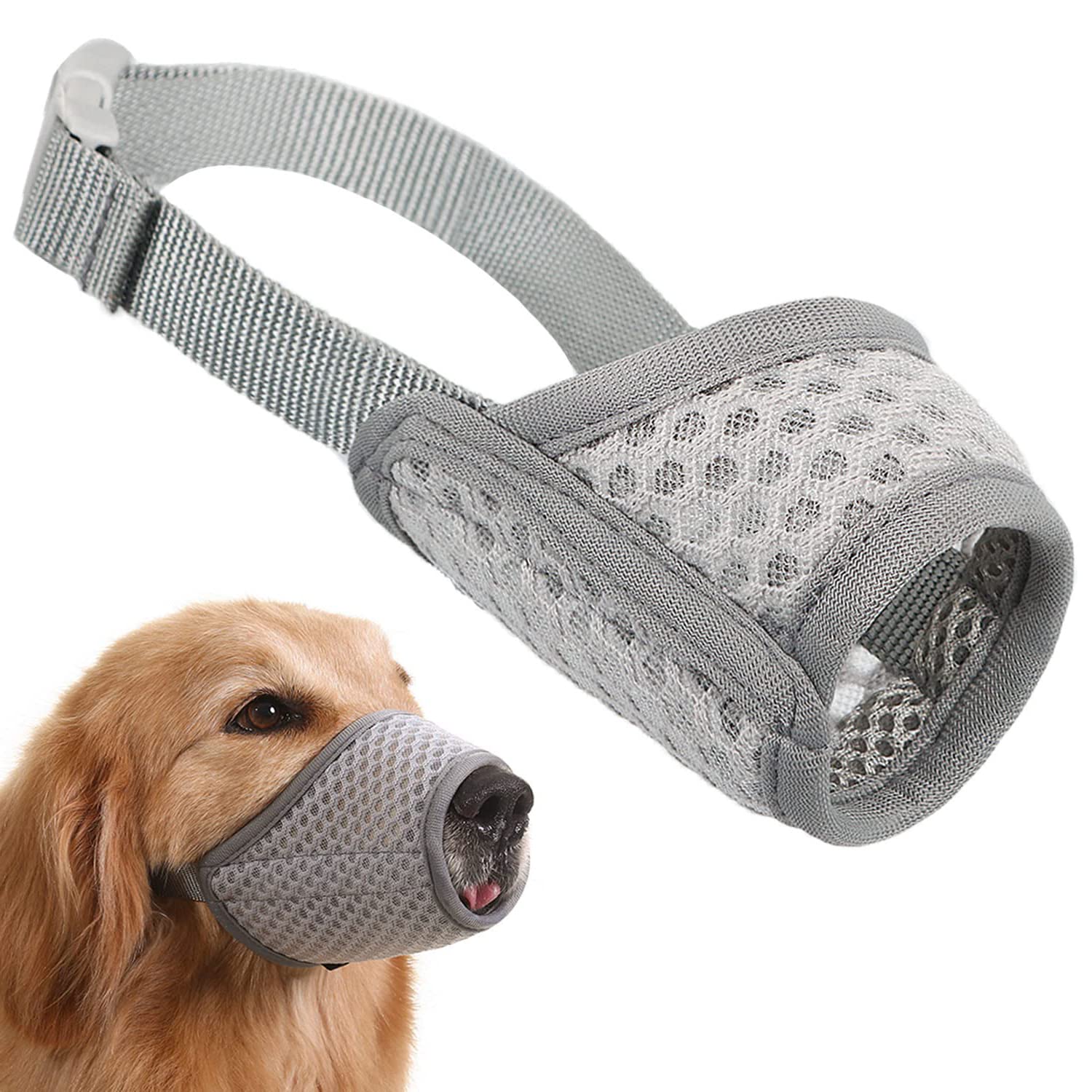 Dog Muzzle Soft Mesh Muzzle - Adjustable Breathable Dog Muzzle, Dog Mask, Mouth Cover for Anti-Biting Anti-Barking, Allows Panting Drinking (Grey, Size XXL)