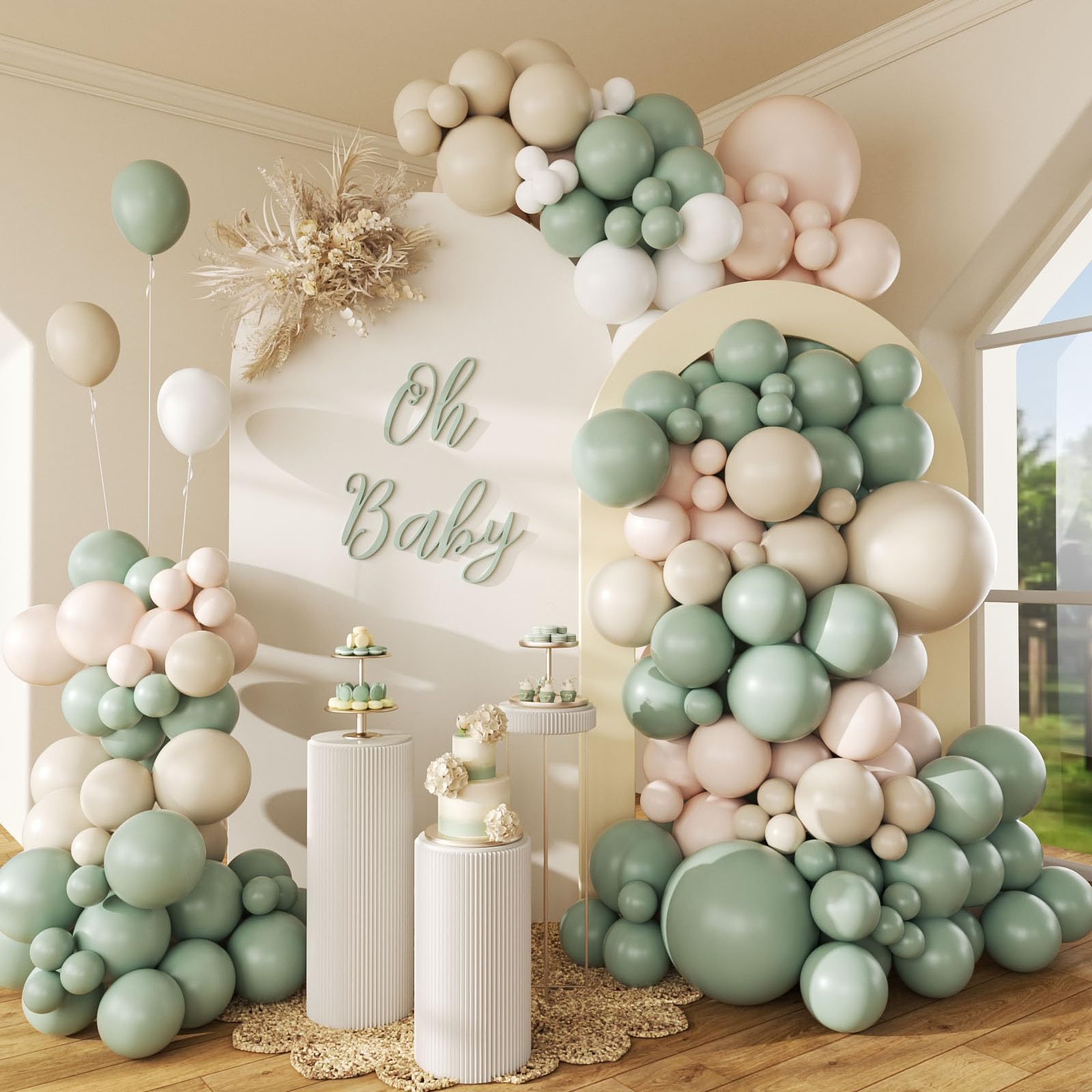 Photo 1 of 146Pcs Neutral Balloon Arch Kit, Sage Green Balloon Arch Kit with Green Nude White Balloons for Wedding Birthday Baby Shower Decorations