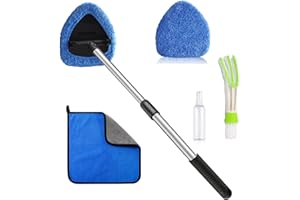 ASAHEL Car Windshield Cleaning Tool Inside Window Defogger Air Conditioning Vent 22.8 in Retractable Handle Rotation 2 Washable Microfiber Cloths Spray Bottles