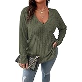 Koscacy Women Plus Size Casual Knit Sweater V Neck Solid Color Tops Lightweight Long Sleeve Blouses