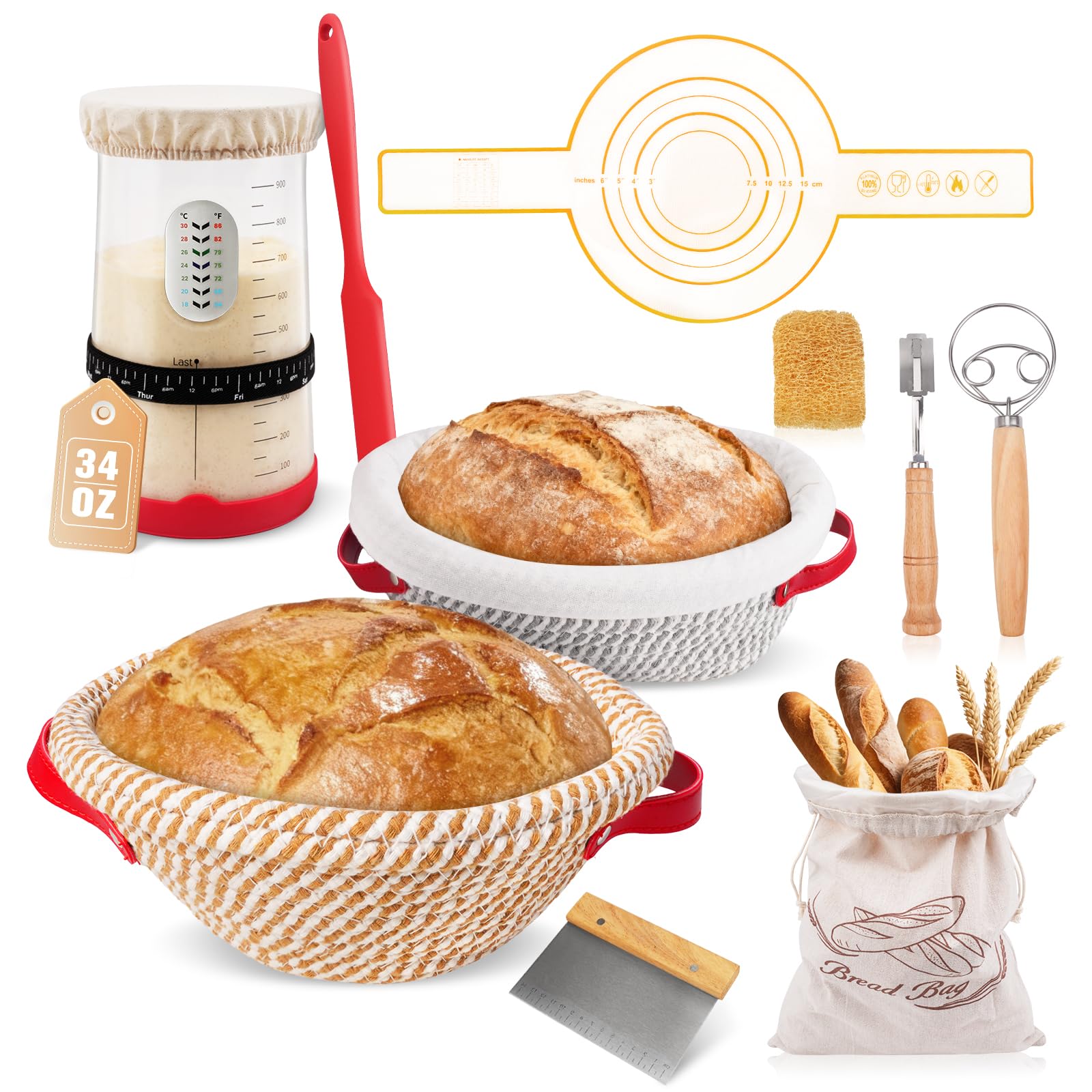 Sourdough Starter Kit - Round & Oval Cotton Rope Banneton Bread Proofing Basket Set, 34oz Sourdough Starter Jar & Bread Making Tools Kit, Sourdough Bread Baking Supplies, Red