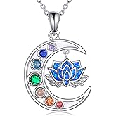 LUHE Lotus Necklace for Women Sterling Silver 7 Chakra Moon Lotus Pendant Necklace with Blue Opal and Cubic Zirconia Jewelry Gift for Yoga Lovers