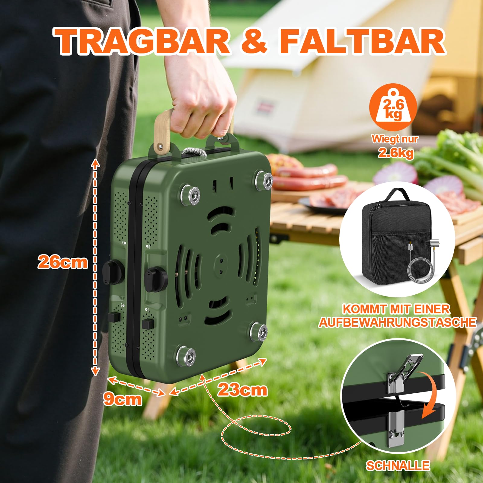 2-Flammig Campingkocher Gas Faltbar, Camping Gaskocher Herd mit Zünder & Tragetasche für Outdoor-Kochen, Campingplatz, Gartenparty, Grillabend, Picknick, Festival-Camping, Vanlife (ohne Grillplatte) 3