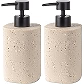 Clasin Home 2 Pack Beige Resin Soap Dispensers, Refillable Liquid Lotion Dispenser Bottles with Travertine-Look for Bathroom and Kitchen Countertop, Modern Stone Texture (10.8 oz)