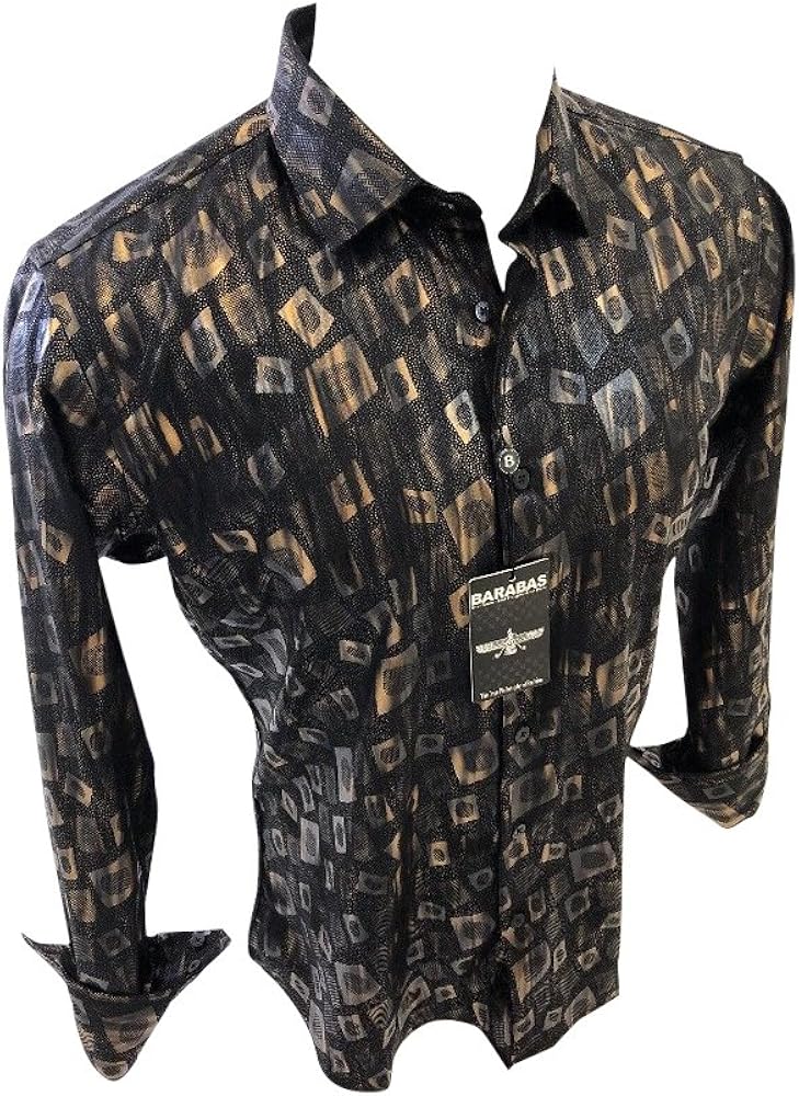 Men's Barabas Designer Woven Designer Dress Shirt Black with Gold Multicolor Geometric Design 