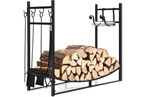 Goplus Firewood Rack Indoor, 36” Firewood Holder with 4- Piece Fireplace Tools-Shovel, Poker, Tongs, Brush, Kindling Holders, Heavy Duty Indoor Log Storage Rack, Outdoor Wood Rack for Fire Pit, Stove