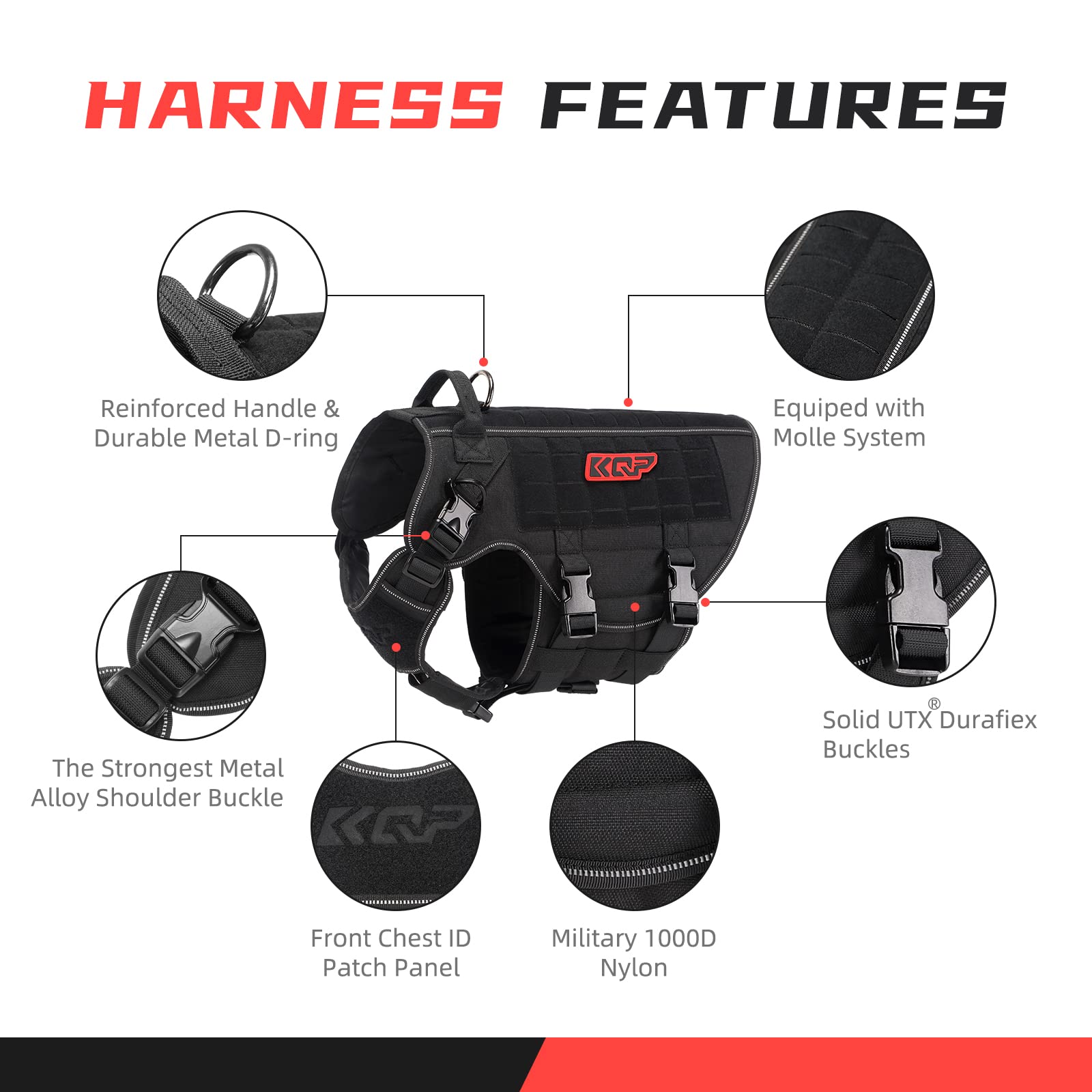 Tactical Dog Harness, No Pull Dog Harness, Military Dog Vest with Adjustable Metal Clips, Reflective Dog Harness for Large Medium Small Dogs, Service Dog Walking Training