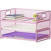Marbrasse 3 Tier Paper Organizer Letter Tray, Mesh File Organizer with Handle, Paper Sorter Desk Organizer for Home Office Supplies(Pink)
