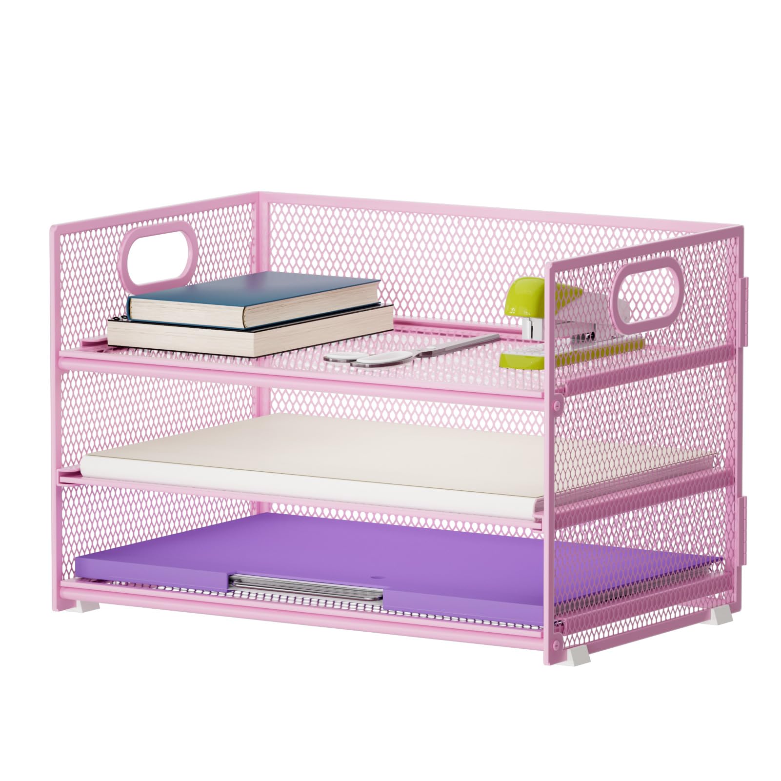 Marbrasse Desk Organiser,3 Tire Letter Paper Tray Organiser with Handle,Mesh Desk Organiser Tray for A4 File,Home Office Supplies(Pink)