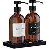 Glass Soap Dispenser Set of 2 (Amber) with Silicone Tray | Hand and Dish Soap Dispenser for Kitchen and Bathroom | 16.8 Oz Glass Bottles with Stainless Steel Pump & 15 Waterproof Labels (Amber/Black)