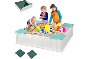 HONEY JOY 12.5" Kids Sandbox with Cover, 48 x 48 Inch Large HDPE Pit for Backyard, 4 Corner Seats & Bottom Liner, Sand Protection, All Weather Resistant Sand Boxes for Kids Outdoor (White)