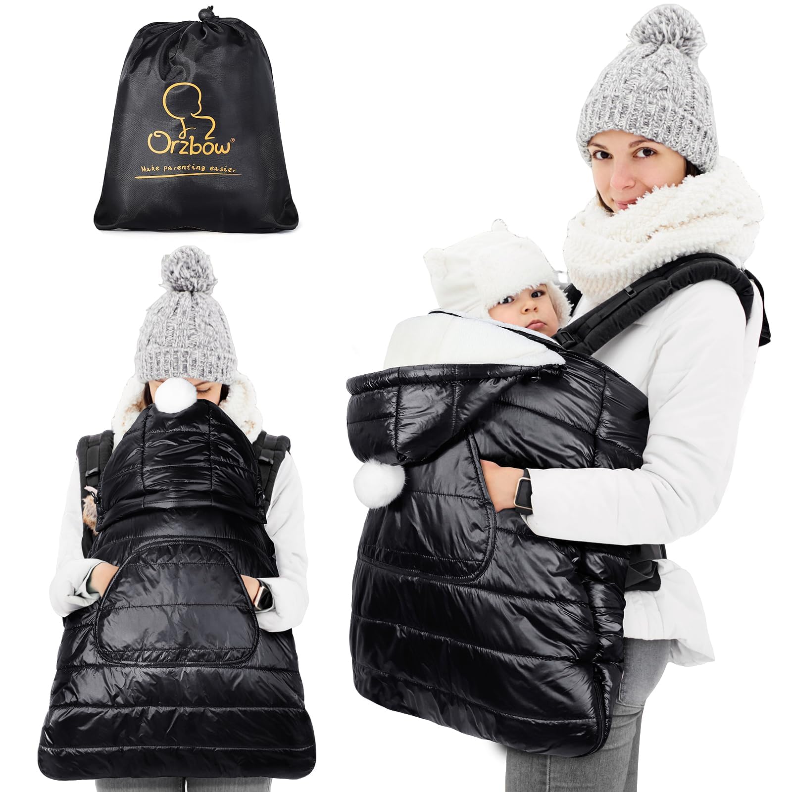 Orzbow Baby Carrier Rain Cover, Waterproof Baby Carrier Cover with Removable Top, Baby Carrier Cover Winter with Warm Coral Fleece Liner, Lightweight, Front Pocket, Glossy Black