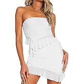CSDAJIO Women's Asymmetrical Ruffle Hem Strapless Tube Top and Skirt Matching Set Summer 2 Pieces Outfits