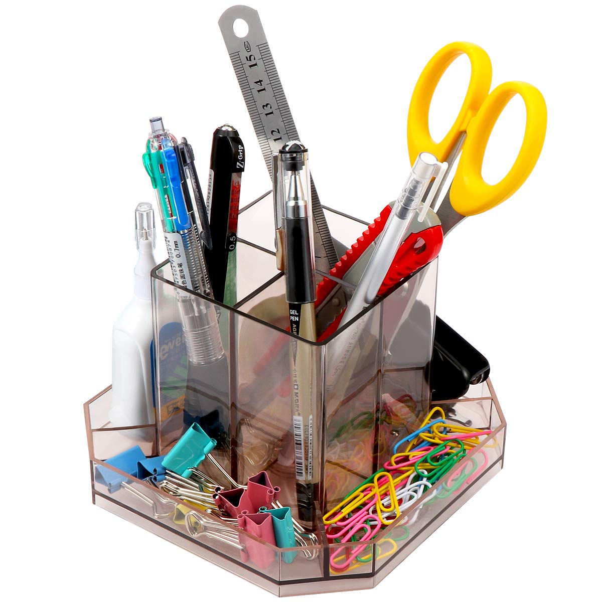 Urbantin Rotating Acrylic Desk Organizer Caddy Spinning Desk Sorter Pens Pencil Holder For Desk Tidy Plastic Carousel Make Up Brush Storage Brown Amazon In Office Products