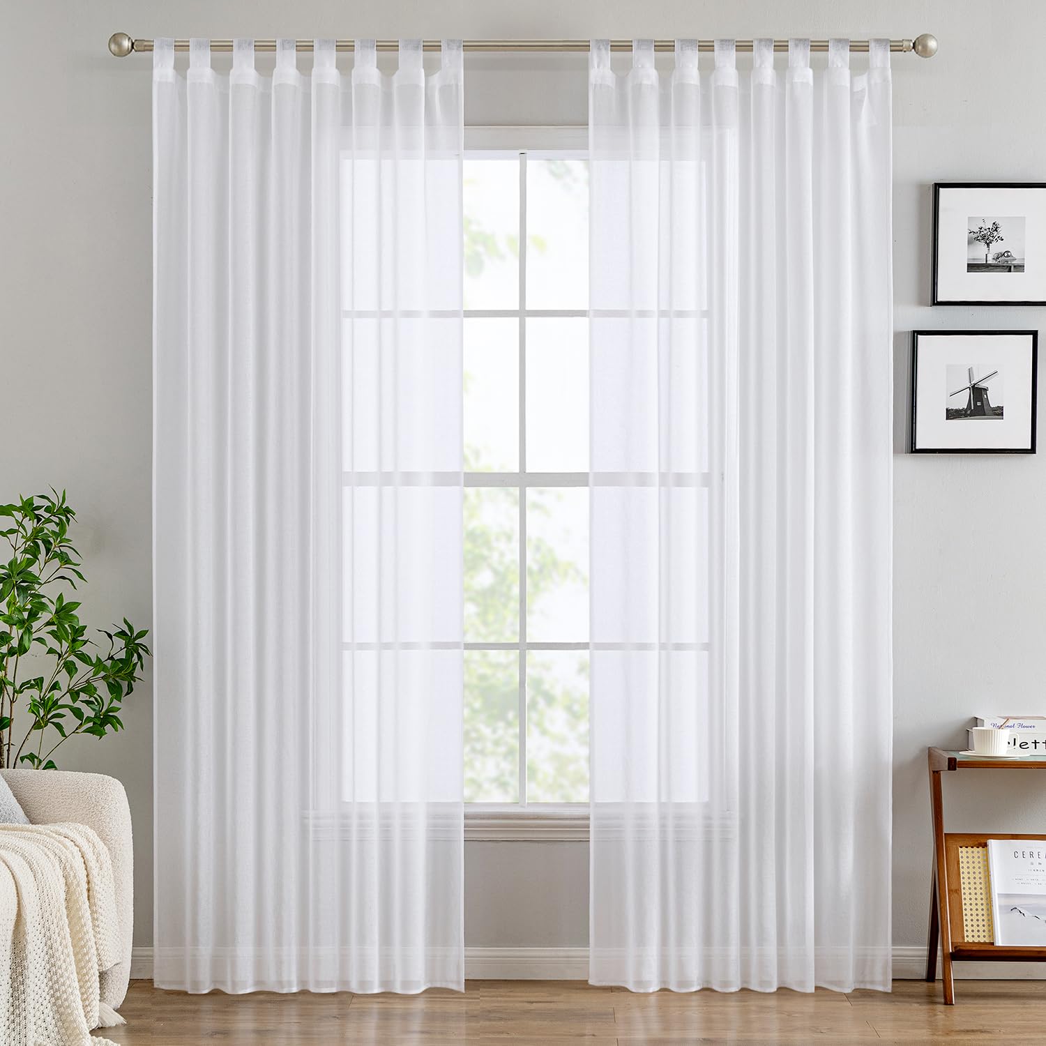 EMEMA Transparent Voile Tab-Top Curtain Set With Lead Tape Closure - Pack of 2 Airy Decorative Curtains for Living Room and Bedroom - 140 x 260 cm (W x H) White