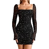 JKMNAO Women Sequin Long Sleeve Mini Dress Bodycon Party Formal Going Out Sparkly Sexy Dresses