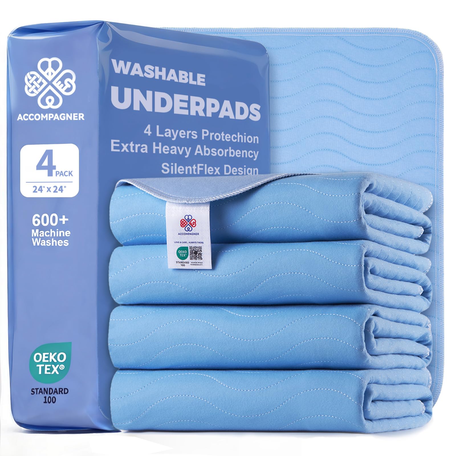 Photo 1 of Accompagner Waterproof Reusable for Adults and Pets Washable Pee Pads for Dogs Changing Pad Large Dog Bed Size Adults Incontinence Bed Pads - Non-Slip Leak-Proof (Blue, 24"x24"(Pack of 4))