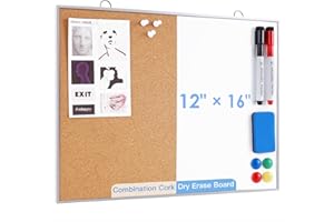 ARCOBIS Dry Erase Cork Board Combo, 12"X16" Small Bulletin White Board for Wall, Double-Sided Magnetic Corkboard, Vision Whiteboard with 2 Markers,1 Eraser,4 Thumb Tacks for Office,Home, Silver